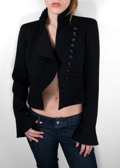 Chanel Black Ribbed Knit Soutache Frogging Cropped Military Jacket