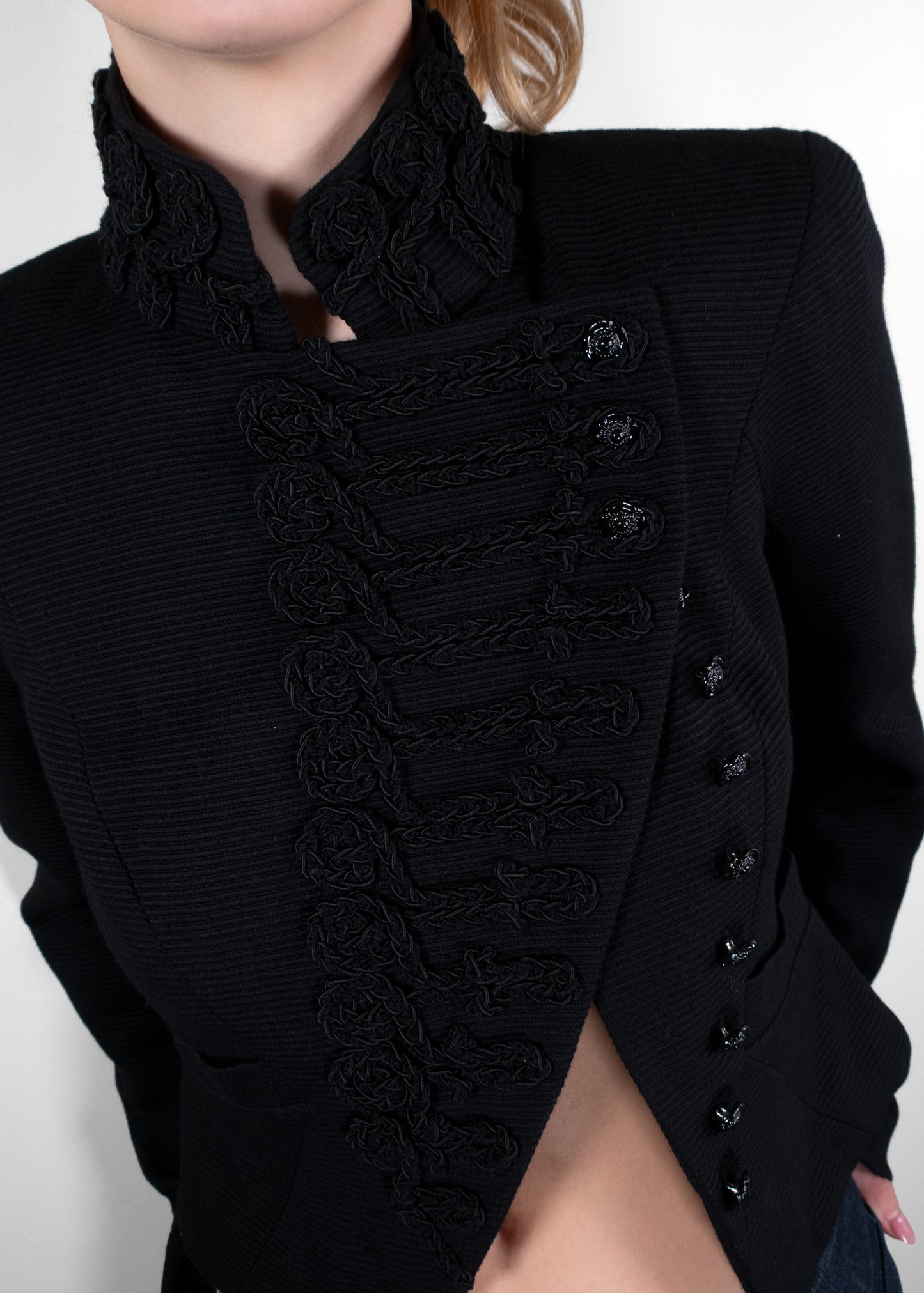 Chanel Black Ribbed Knit Soutache Frogging Cropped Military Jacket