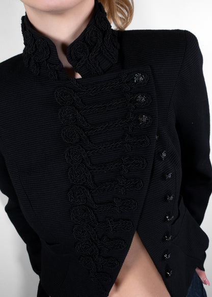Chanel Black Ribbed Knit Soutache Frogging Cropped Military Jacket
