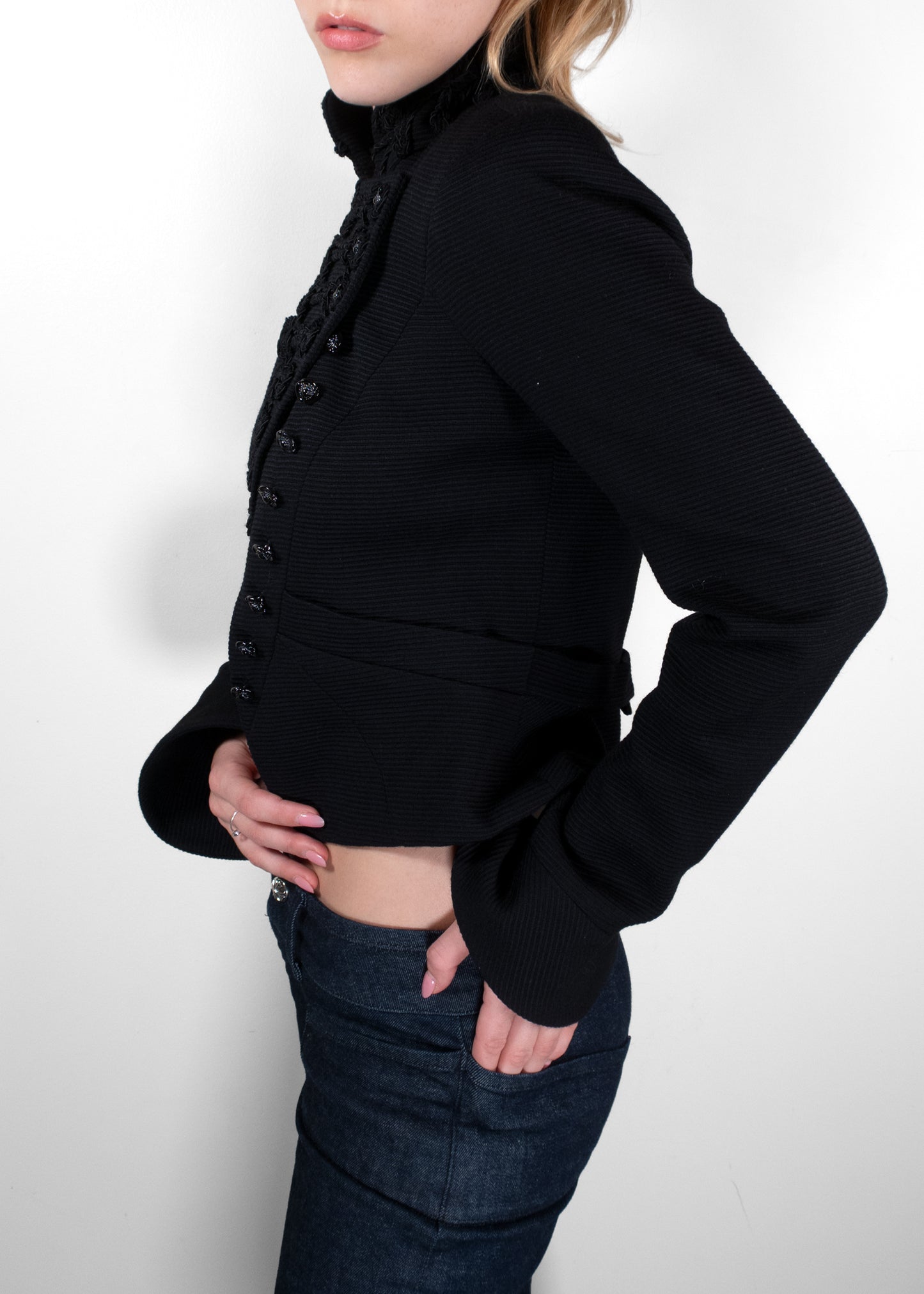 Chanel Black Ribbed Knit Soutache Frogging Cropped Military Jacket