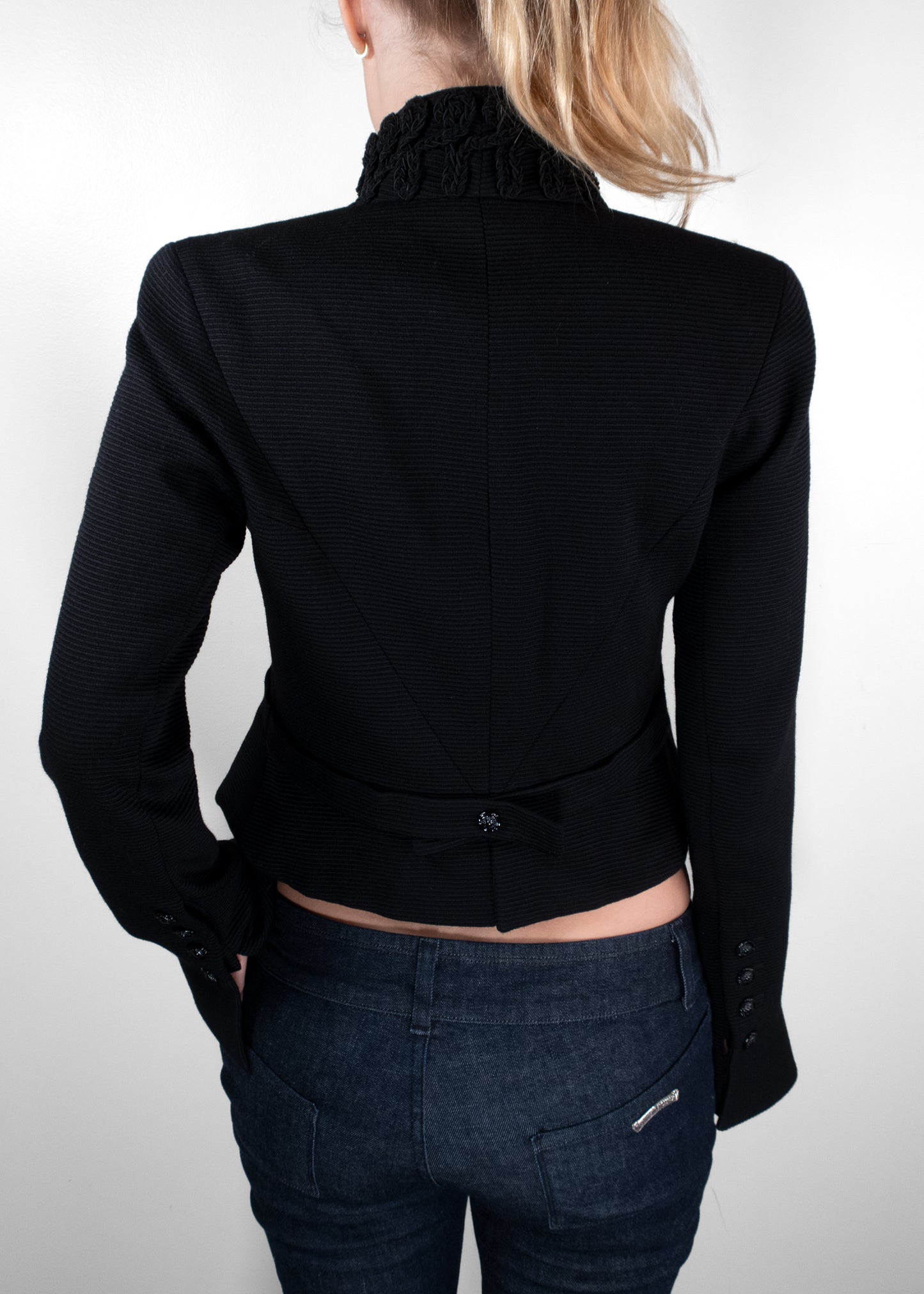 Chanel Black Ribbed Knit Soutache Frogging Cropped Military Jacket
