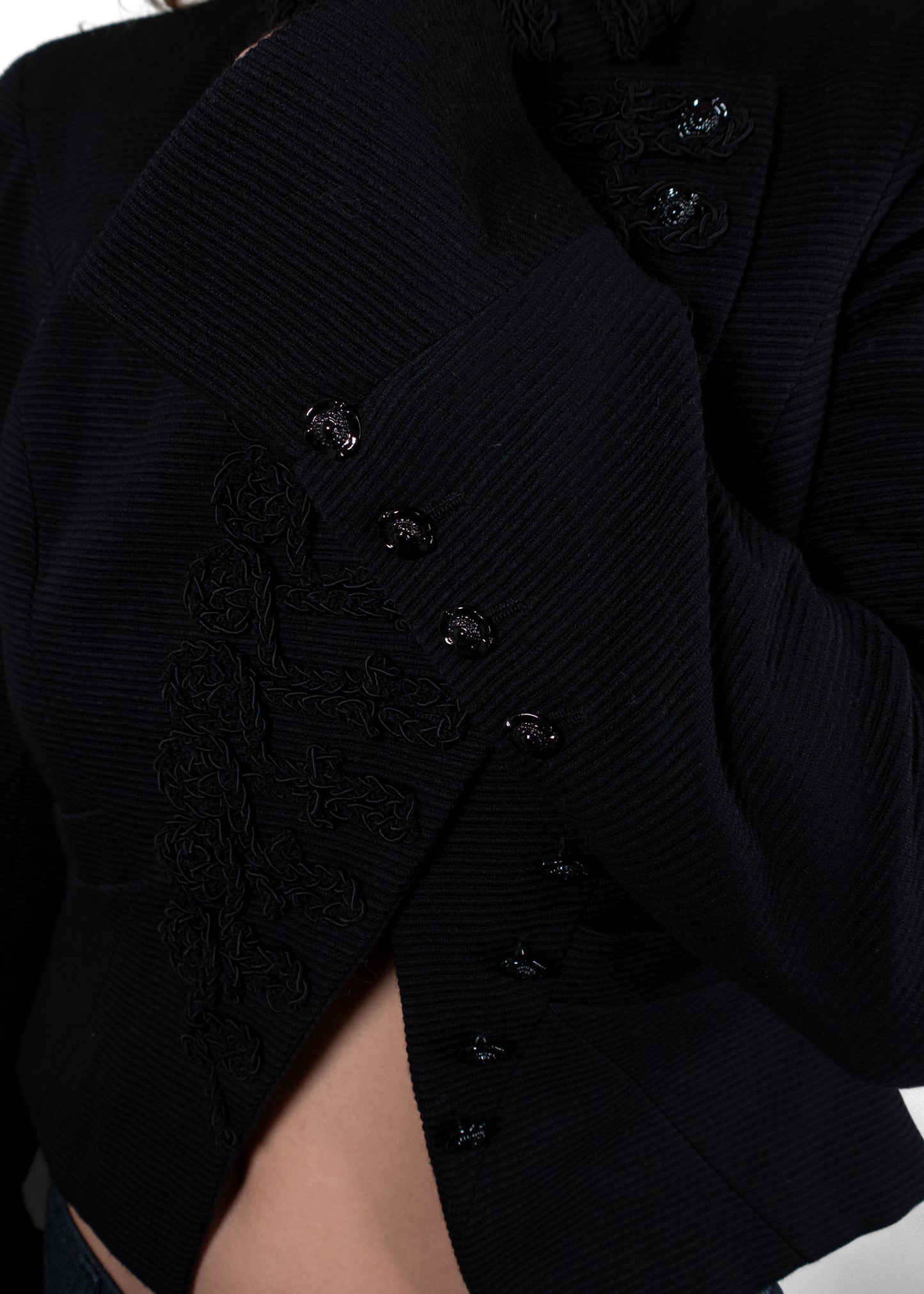 Chanel Black Ribbed Knit Soutache Frogging Cropped Military Jacket