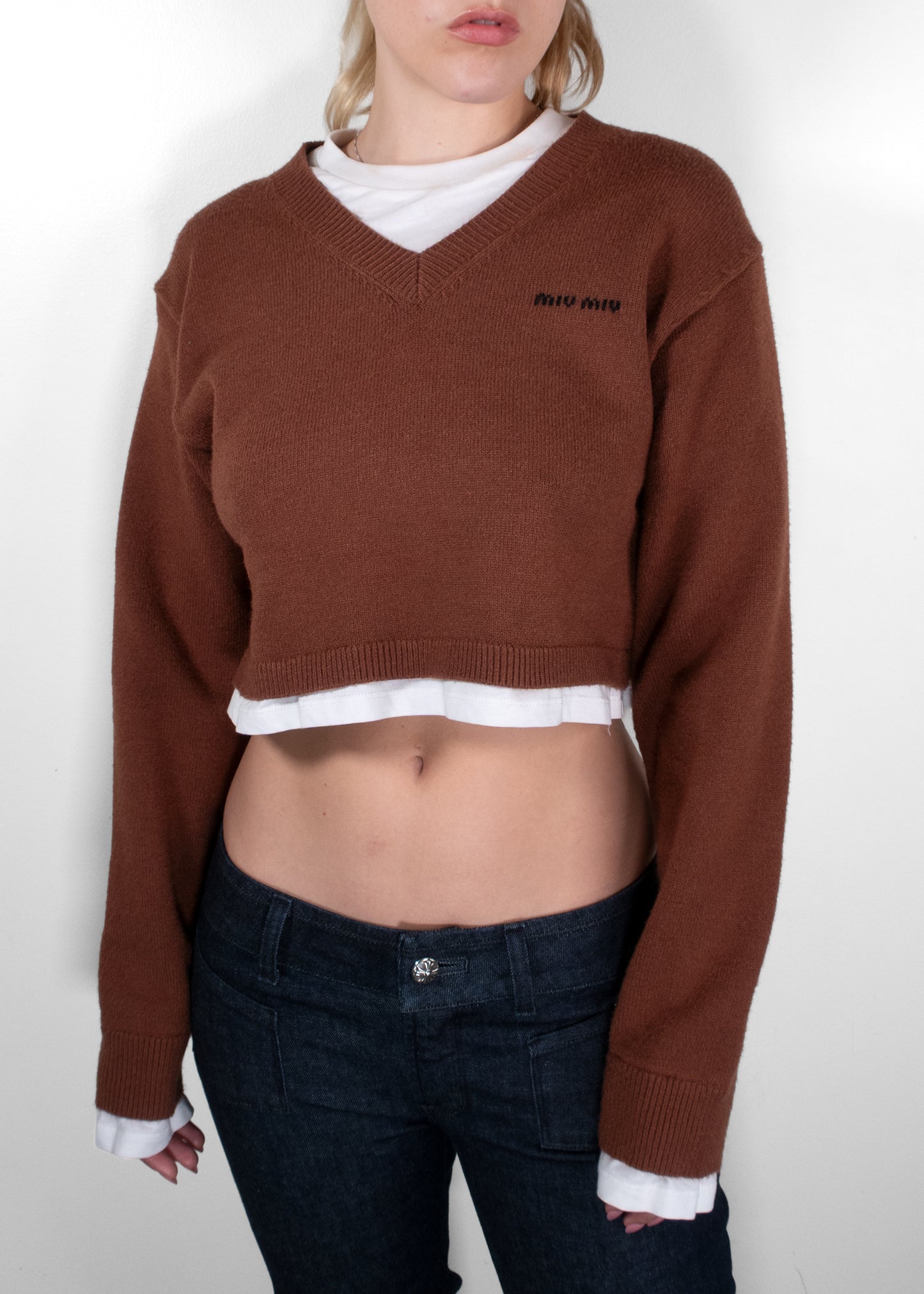 Miu Miu Cropped Layered V-Neck Cashmere Sweater