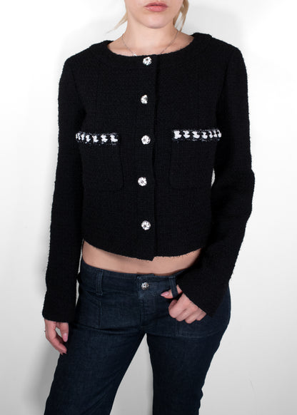 Chanel Black Tweed Camellia Button Cropped Bouclé Jacket