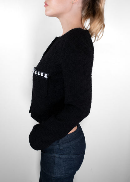 Chanel Black Tweed Camellia Button Cropped Bouclé Jacket