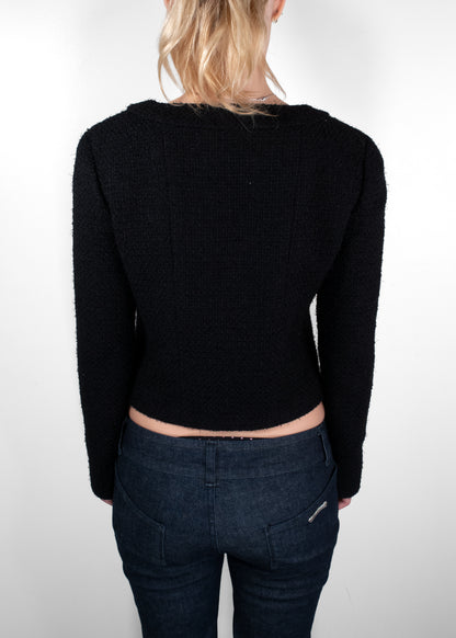 Chanel Black Tweed Camellia Button Cropped Bouclé Jacket