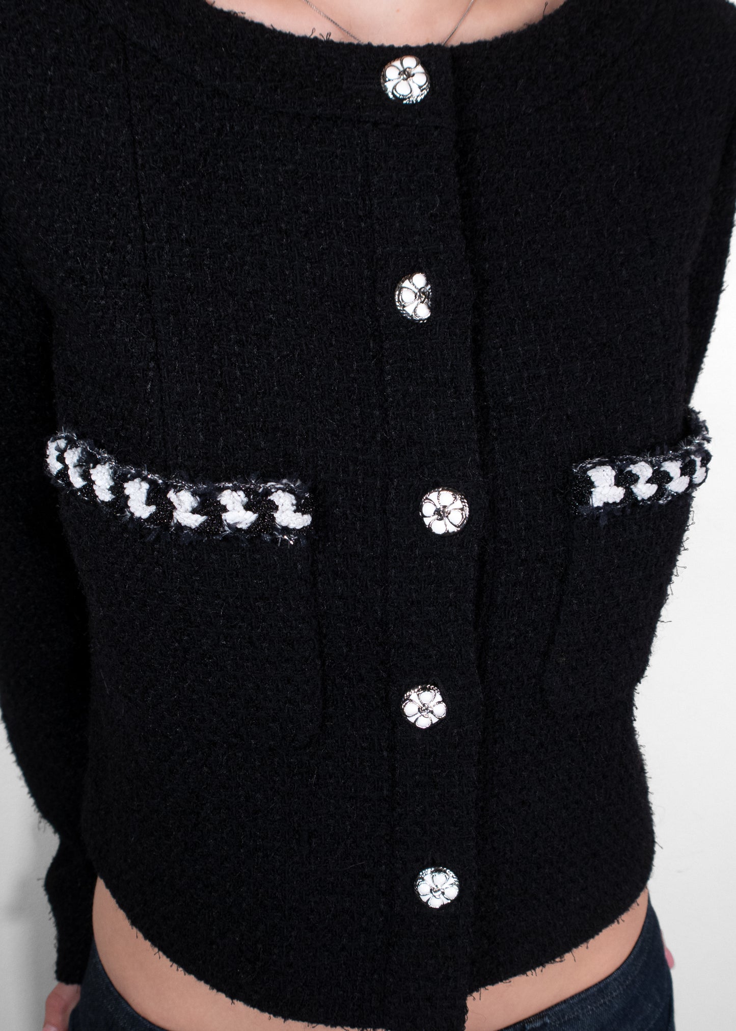 Chanel Black Tweed Camellia Button Cropped Bouclé Jacket