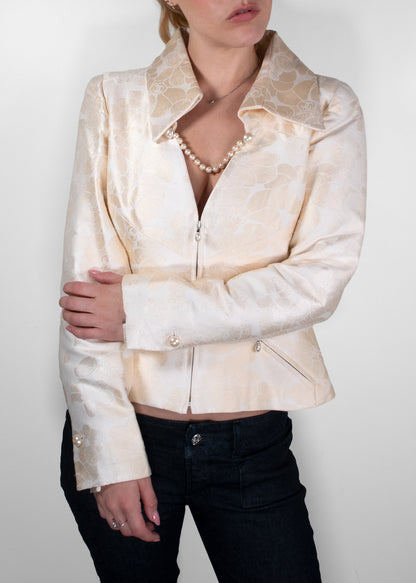 Chanel Cream Floral Jacquard Pearl Trim Zip-Up Blazer Jacket