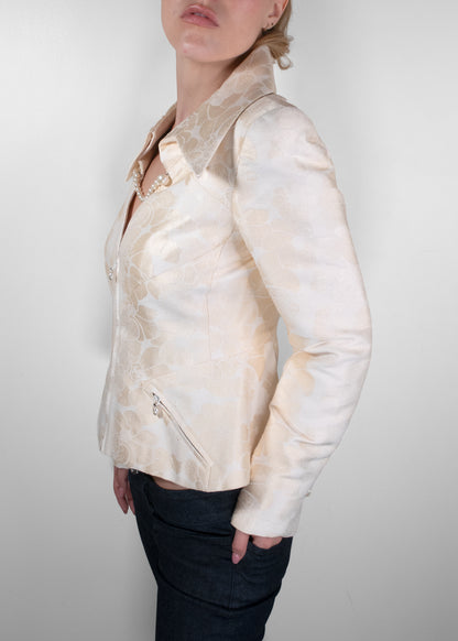 Chanel Cream Floral Jacquard Pearl Trim Zip-Up Blazer Jacket