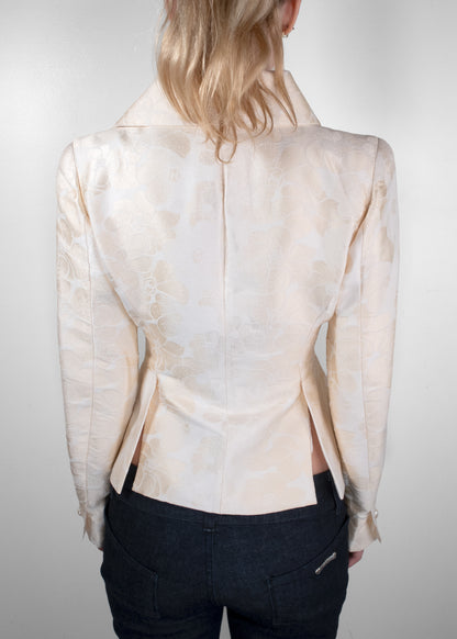 Chanel Cream Floral Jacquard Pearl Trim Zip-Up Blazer Jacket