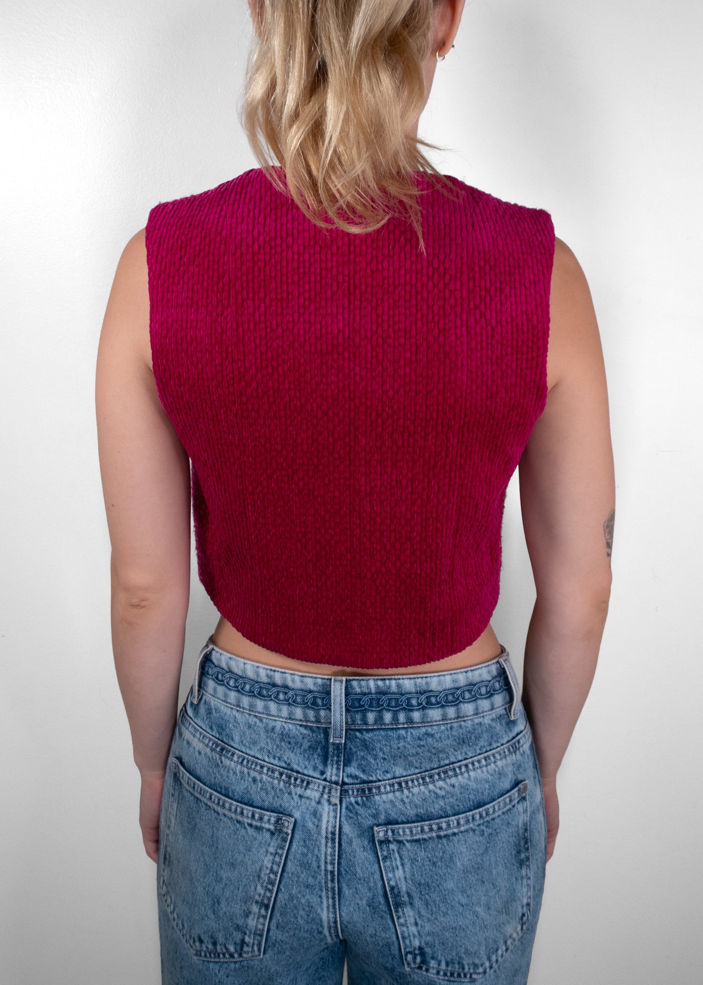 Chanel Pink Tweed Corduroy Back Cropped Vest Top