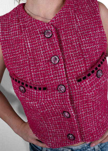 Chanel Pink Tweed Corduroy Back Cropped Vest Top