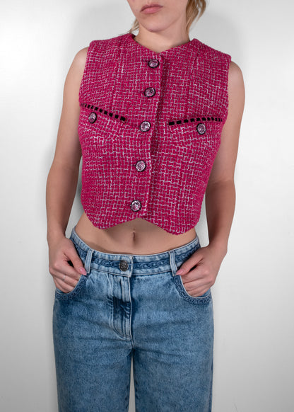 Chanel Pink Tweed Corduroy Back Cropped Vest Top