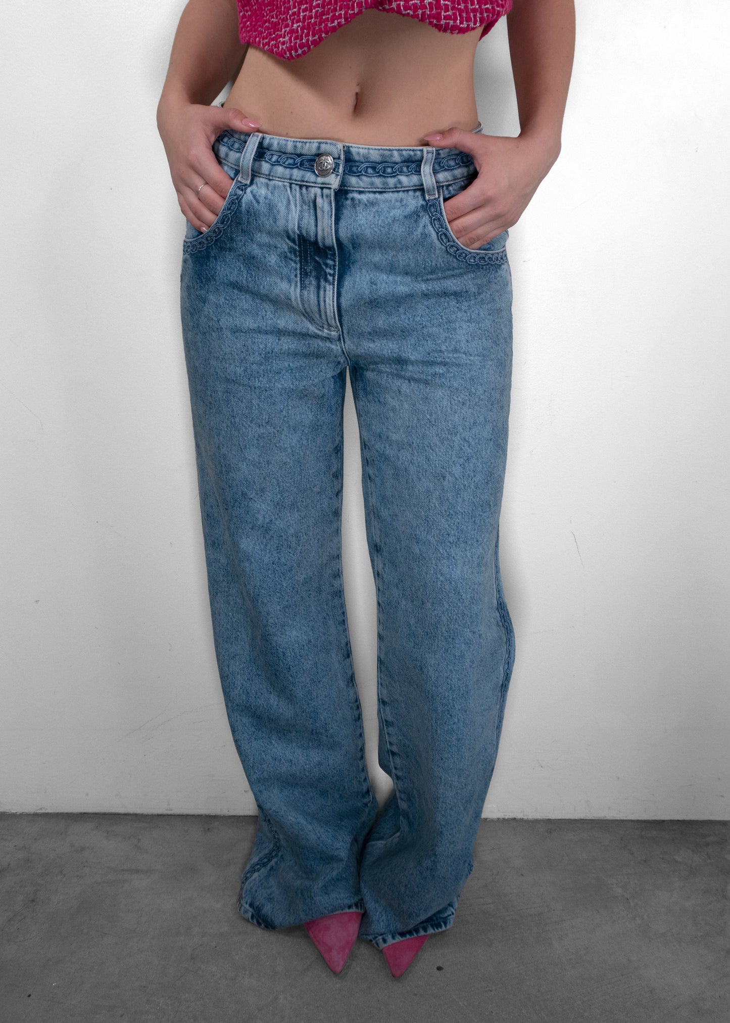 Chanel Chain Link Embroidered Wide-Leg Jeans