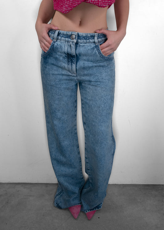 Chanel Chain Link Embroidered Wide-Leg Jeans