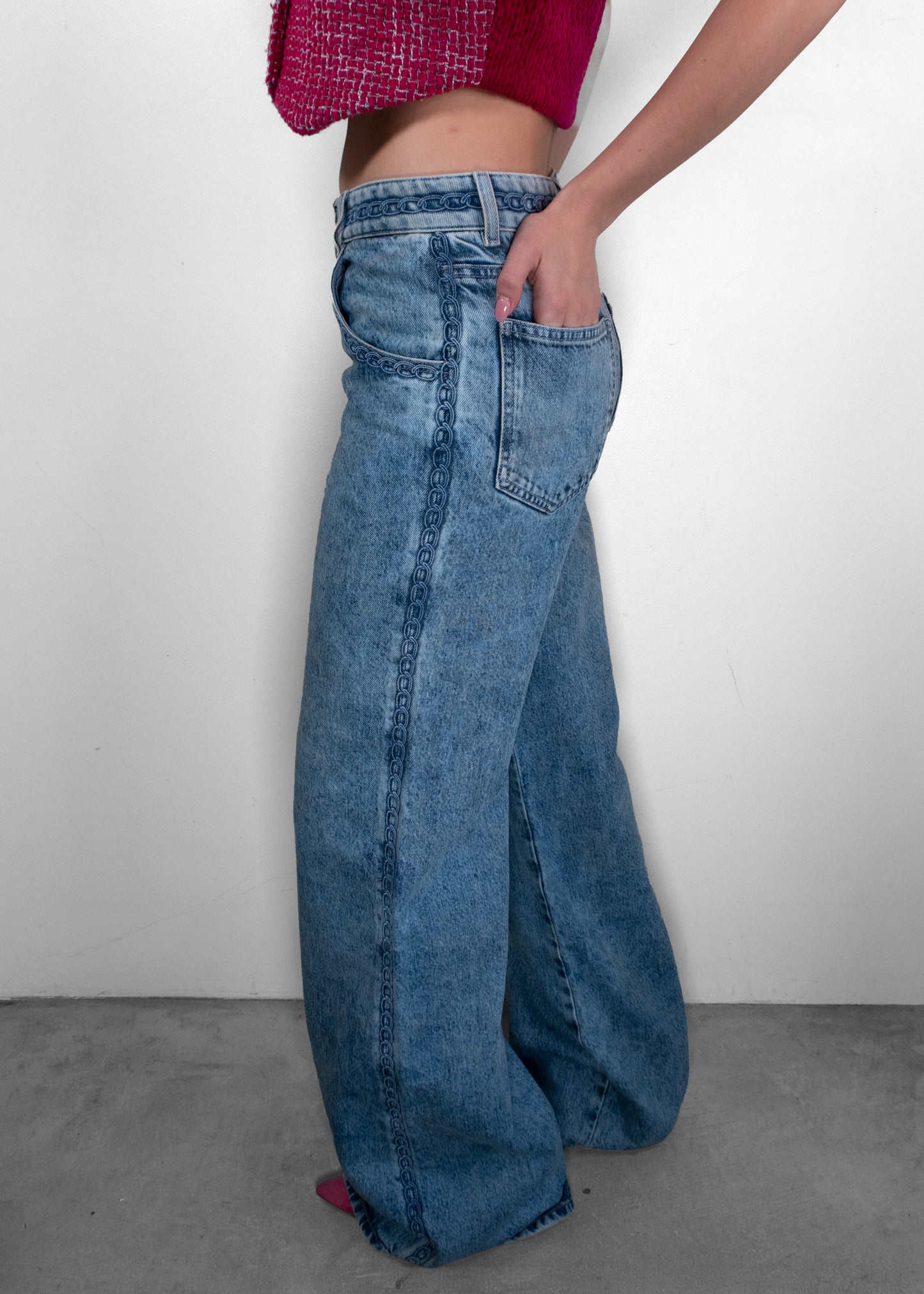 Chanel Chain Link Embroidered Wide-Leg Jeans