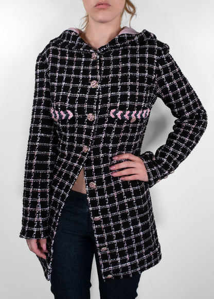 Chanel Black and Pink Plaid Hooded Tweed Longline Jacket
