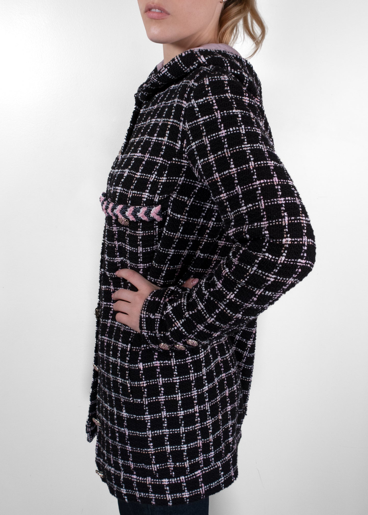 Chanel Black and Pink Plaid Hooded Tweed Longline Jacket