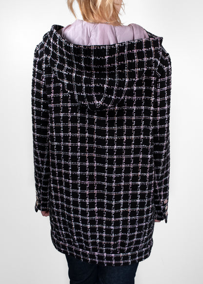 Chanel Black and Pink Plaid Hooded Tweed Longline Jacket