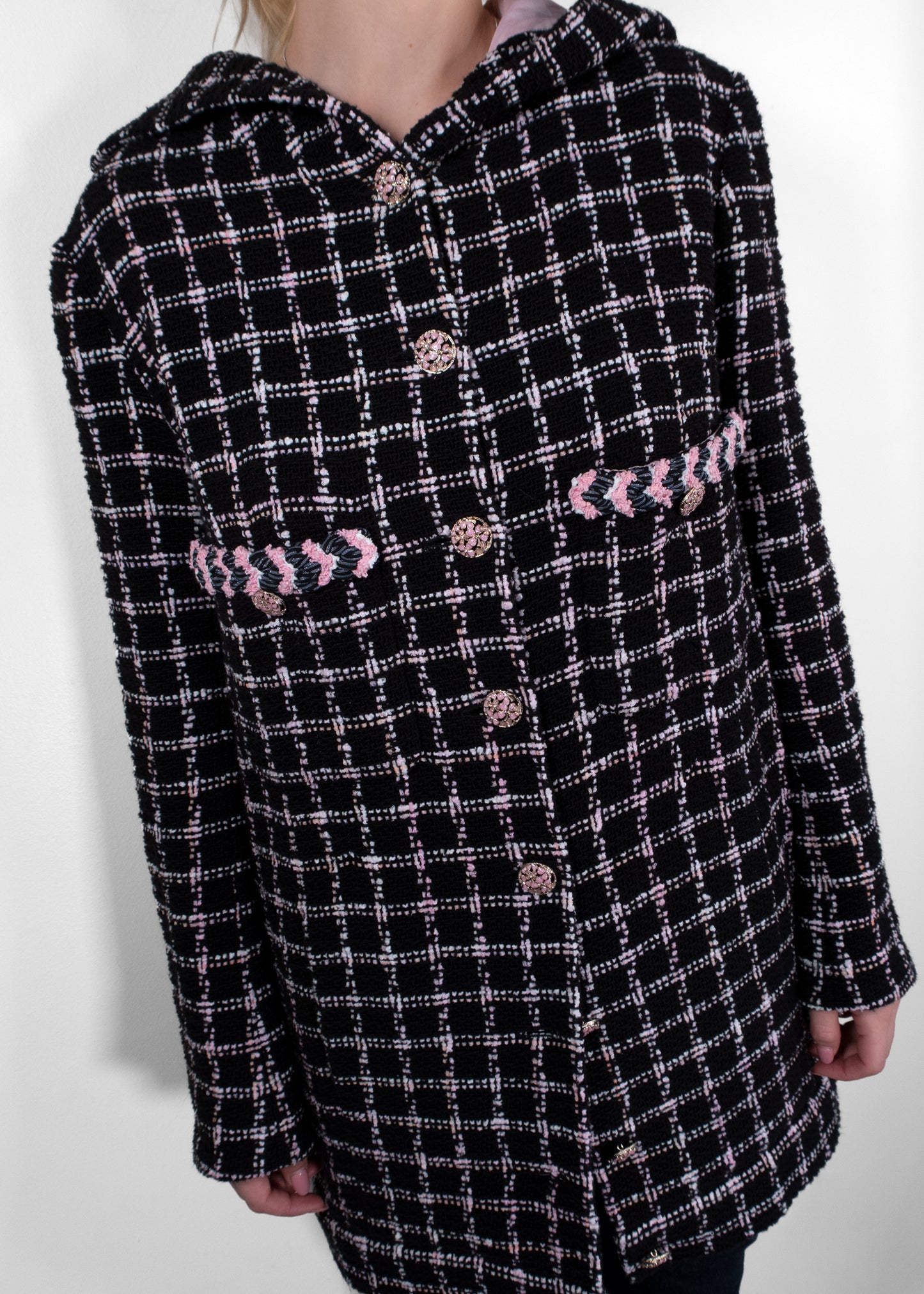 Chanel Black and Pink Plaid Hooded Tweed Longline Jacket