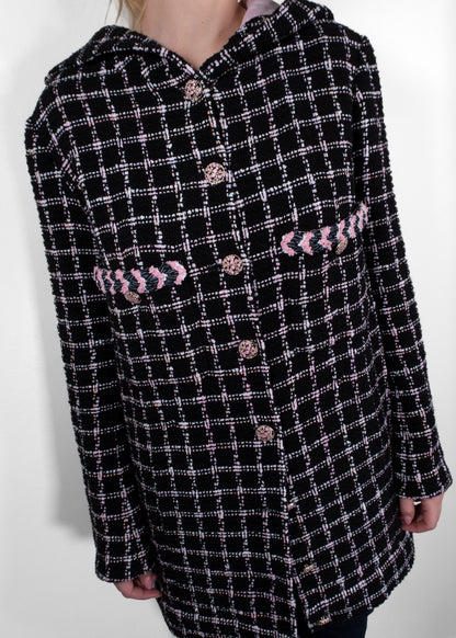 Chanel Black and Pink Plaid Hooded Tweed Longline Jacket