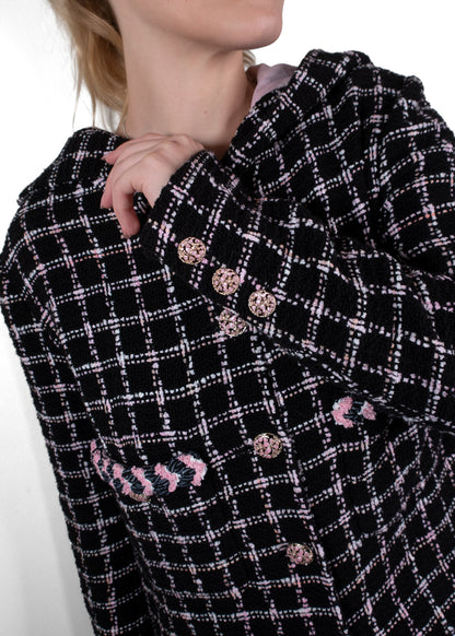 Chanel Black and Pink Plaid Hooded Tweed Longline Jacket