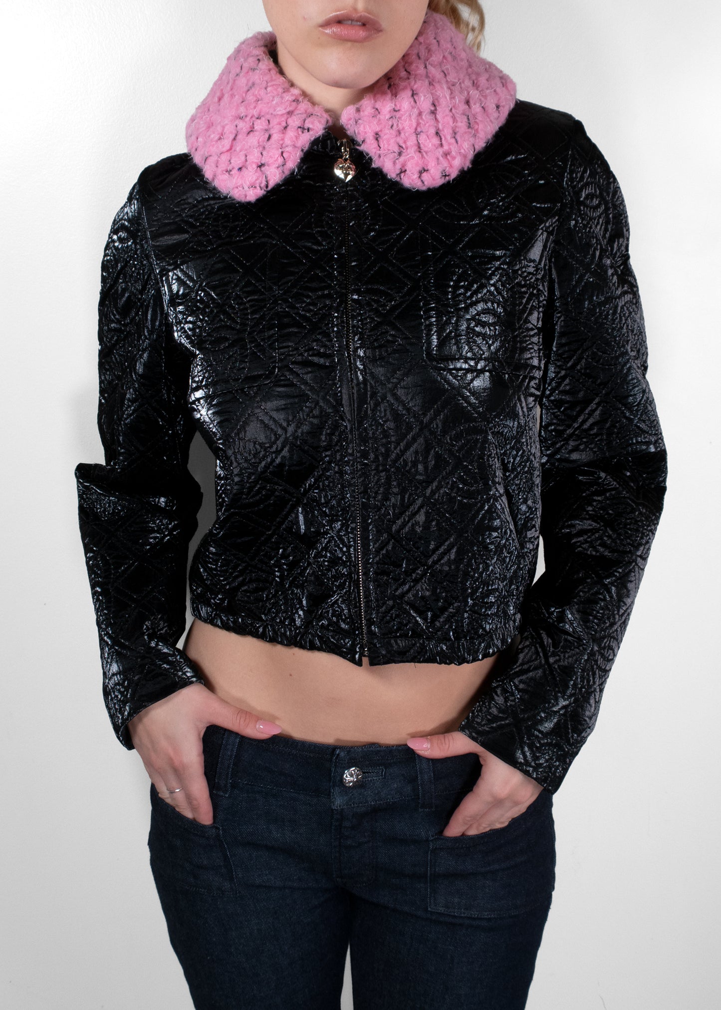 Chanel Black Quilted Cannage Patent Jacket with Pink Shearling Collar