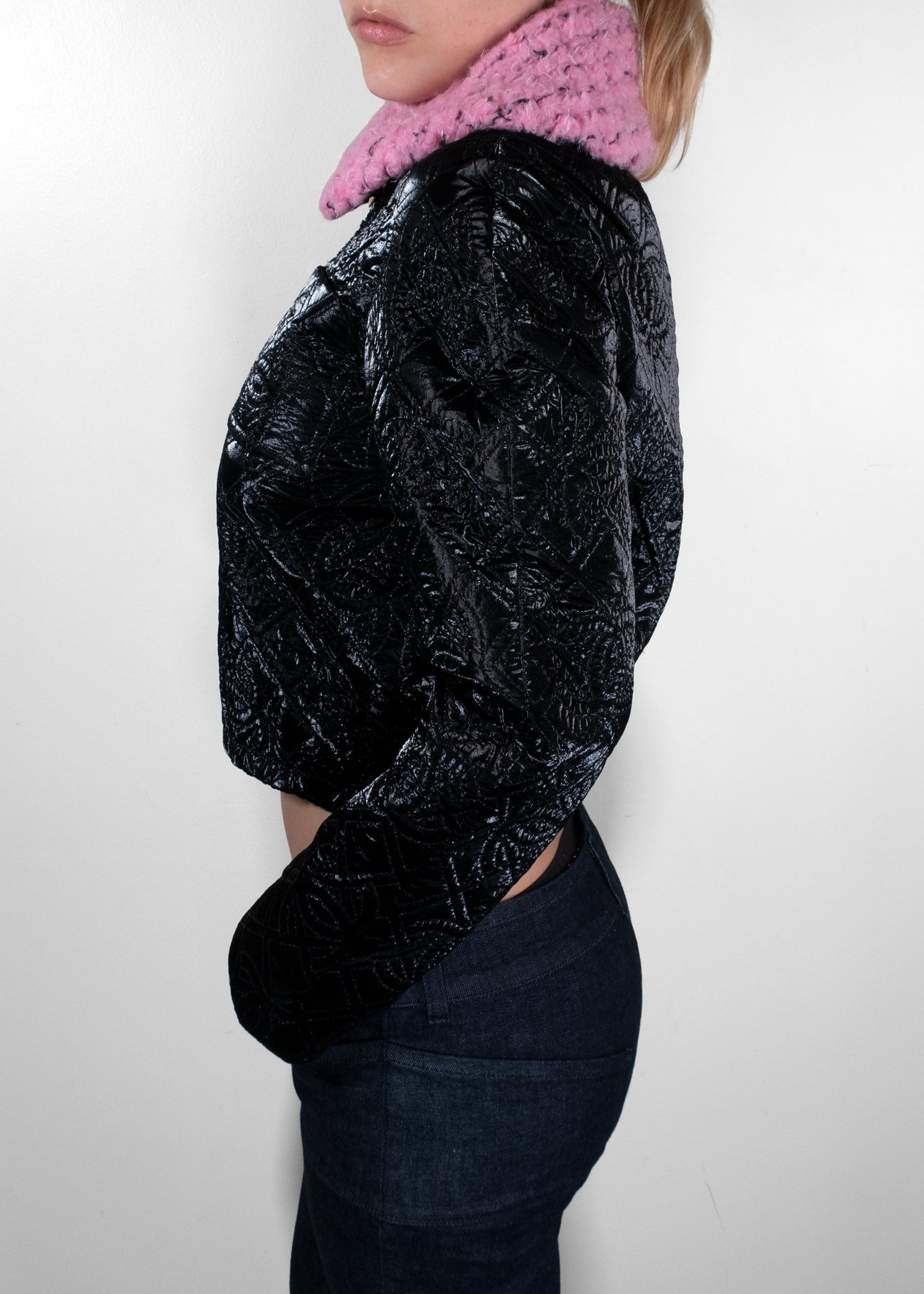 Chanel Black Quilted Cannage Patent Jacket with Pink Shearling Collar
