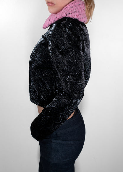 Chanel Black Quilted Cannage Patent Jacket with Pink Shearling Collar