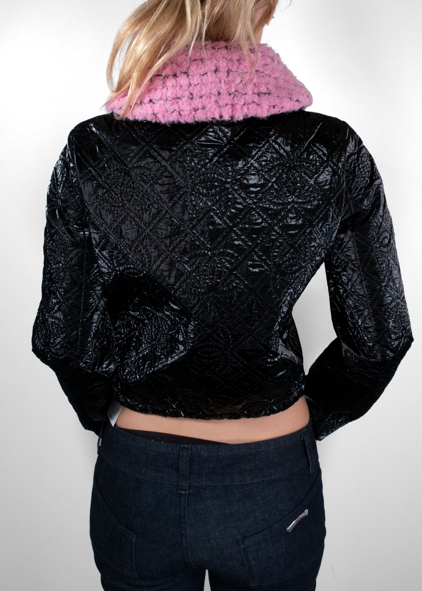 Chanel Black Quilted Cannage Patent Jacket with Pink Shearling Collar