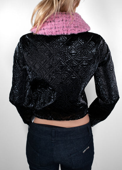 Chanel Black Quilted Cannage Patent Jacket with Pink Shearling Collar