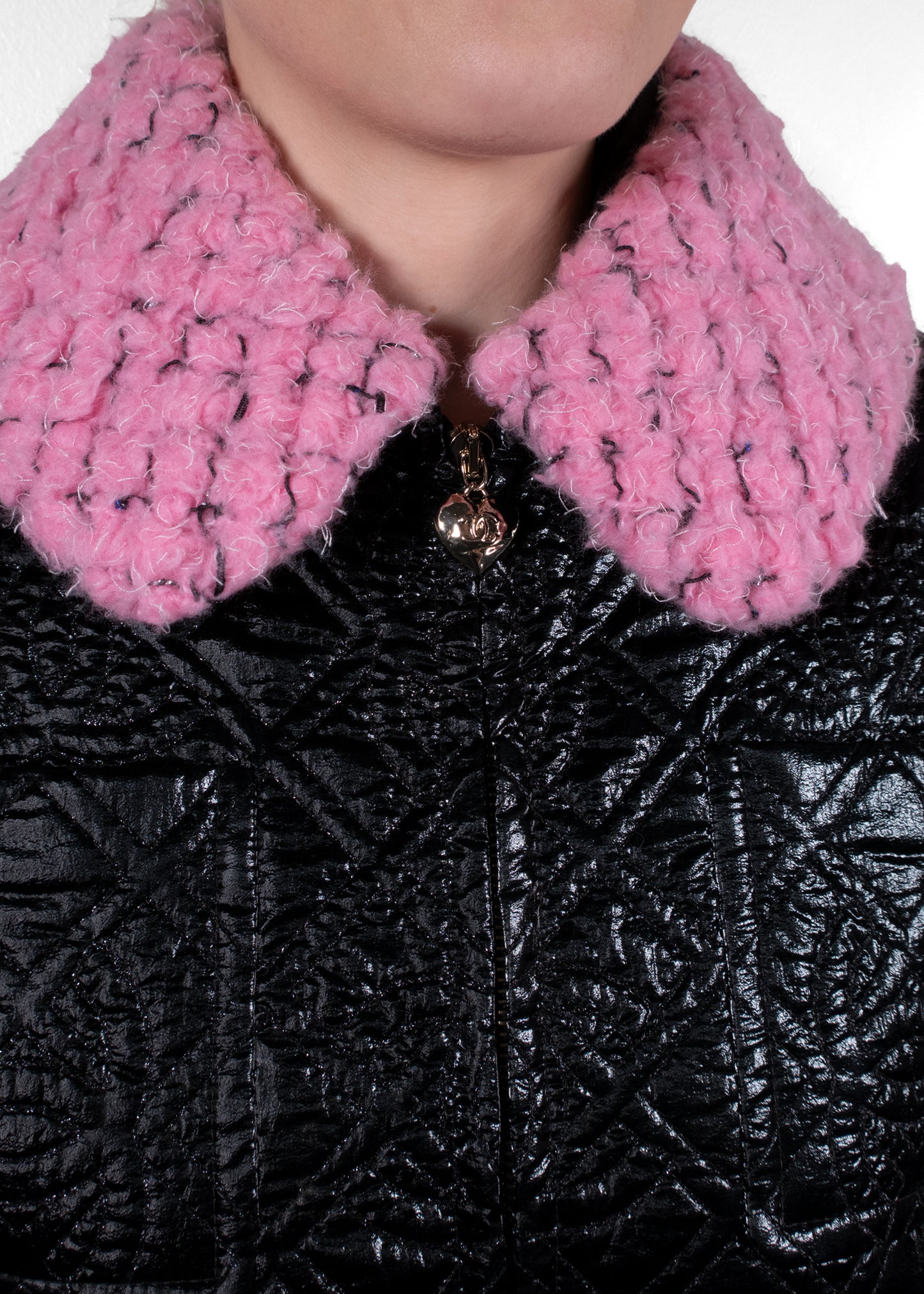 Chanel Black Quilted Cannage Patent Jacket with Pink Shearling Collar