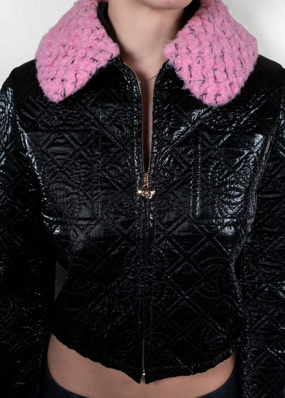 Chanel Black Quilted Cannage Patent Jacket with Pink Shearling Collar