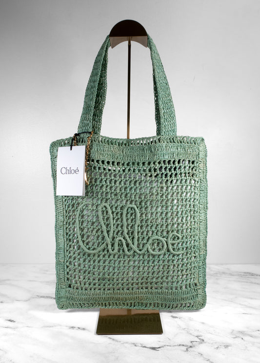 Chloé Summer Banana Logo Open-Weave Raffia Tote Bag in Tea Green