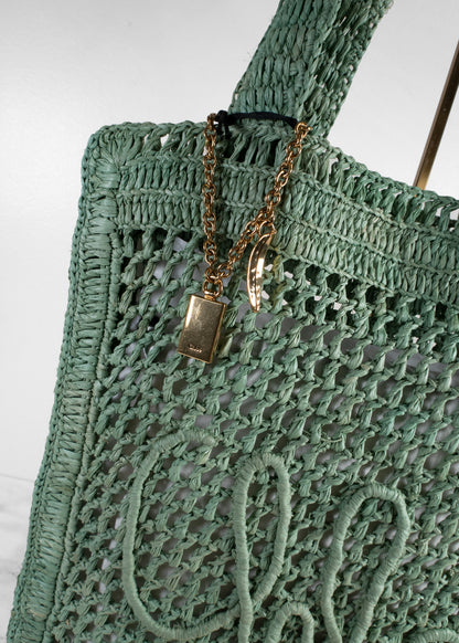 Chloé Summer Banana Logo Open-Weave Raffia Tote Bag in Tea Green