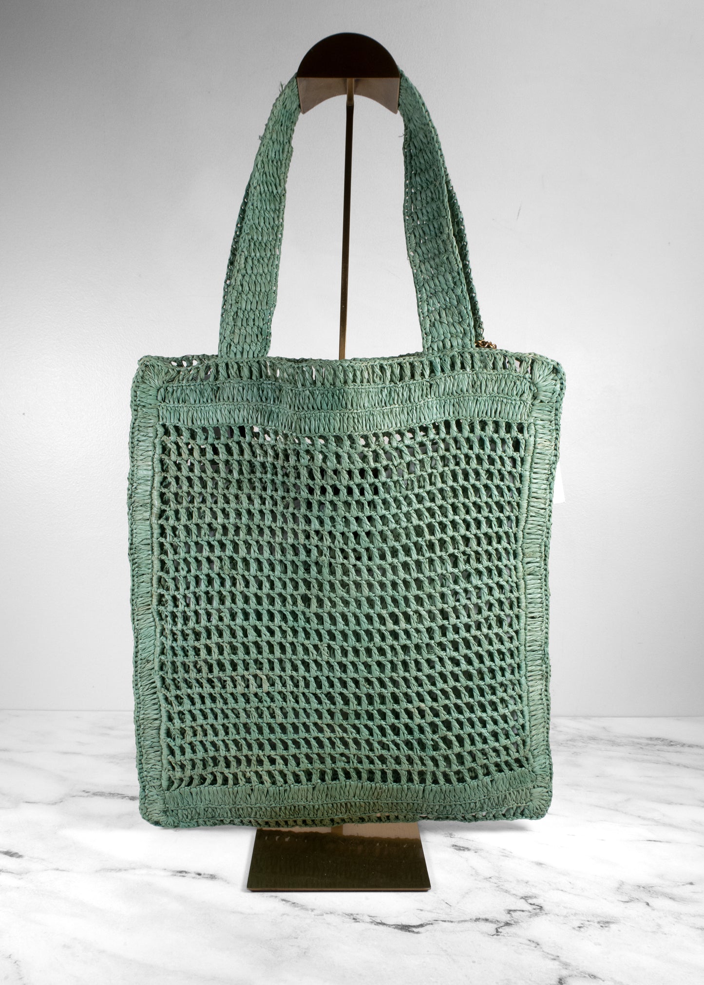 Chloé Summer Banana Logo Open-Weave Raffia Tote Bag in Tea Green