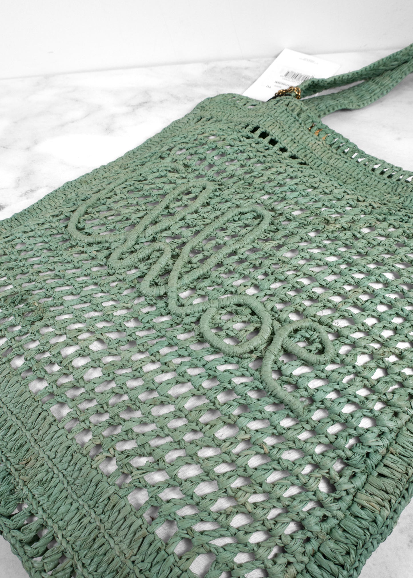 Chloé Summer Banana Logo Open-Weave Raffia Tote Bag in Tea Green