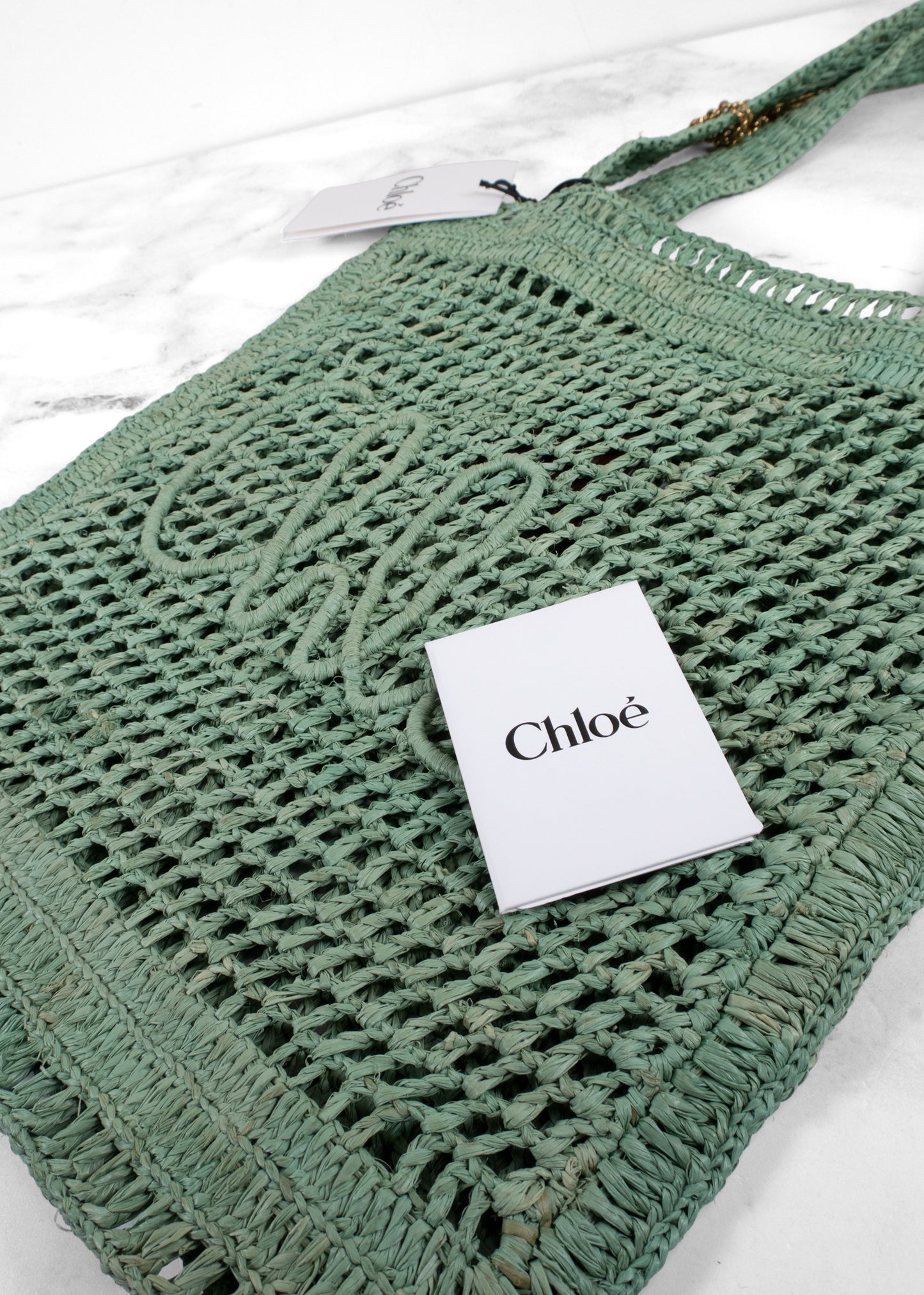 Chloé Summer Banana Logo Open-Weave Raffia Tote Bag in Tea Green