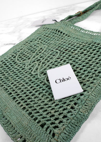 Chloé Summer Banana Logo Open-Weave Raffia Tote Bag in Tea Green
