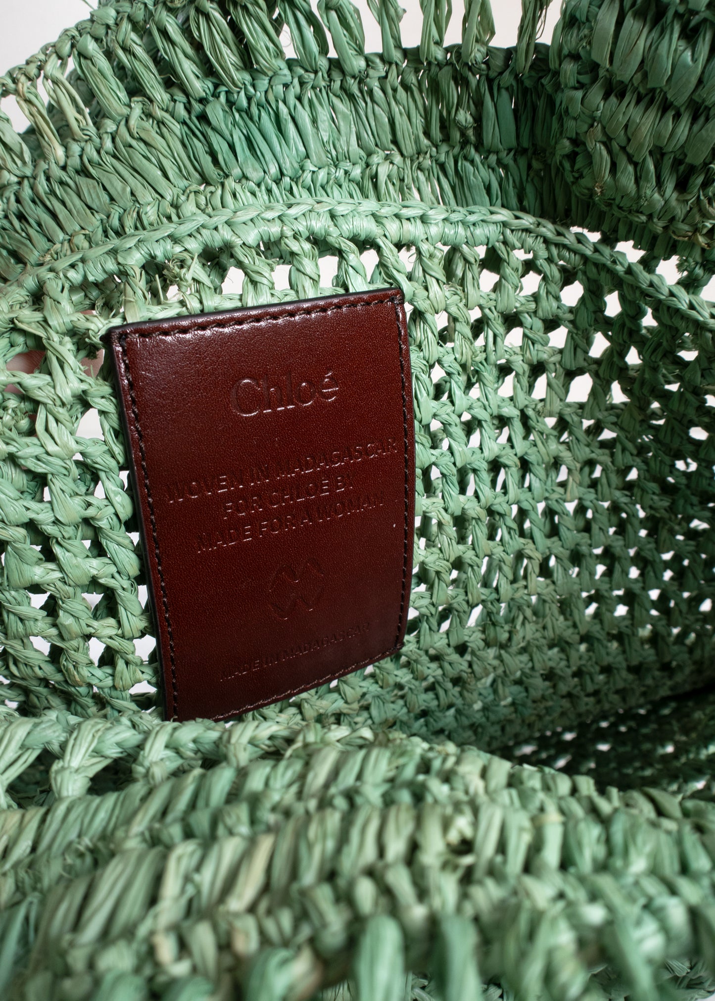 Chloé Summer Banana Logo Open-Weave Raffia Tote Bag in Tea Green