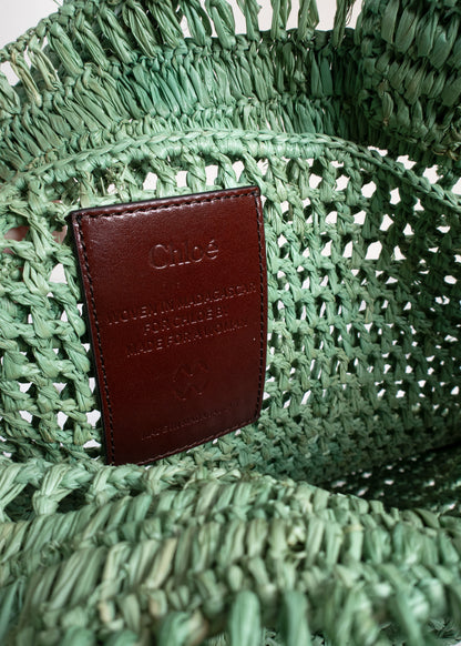 Chloé Summer Banana Logo Open-Weave Raffia Tote Bag in Tea Green