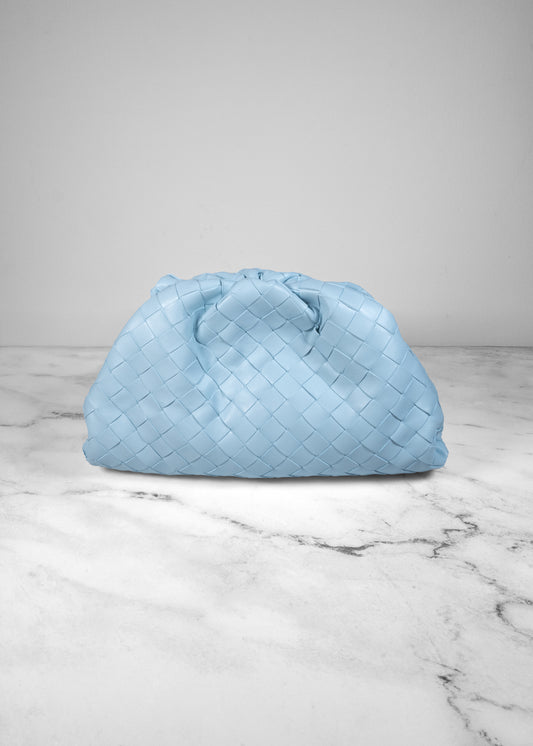 Bottega Veneta The Pouch Sky Blue Intercciato Woven Leather Clutch