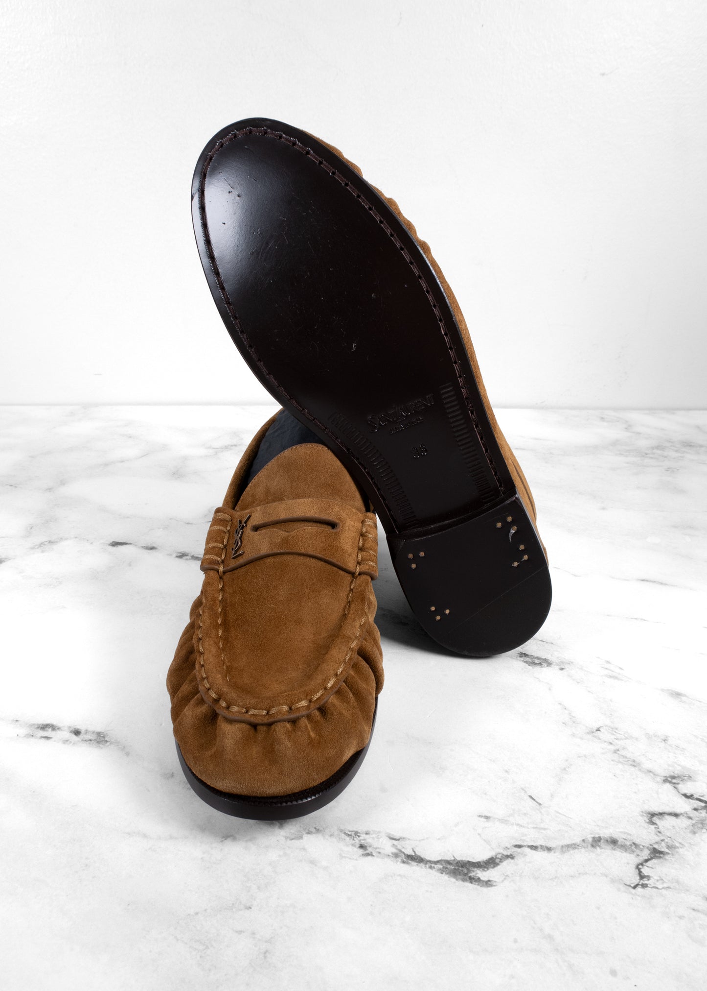 Saint Laurent Le Loafer Supple Monogram Penny Loafers in Suede