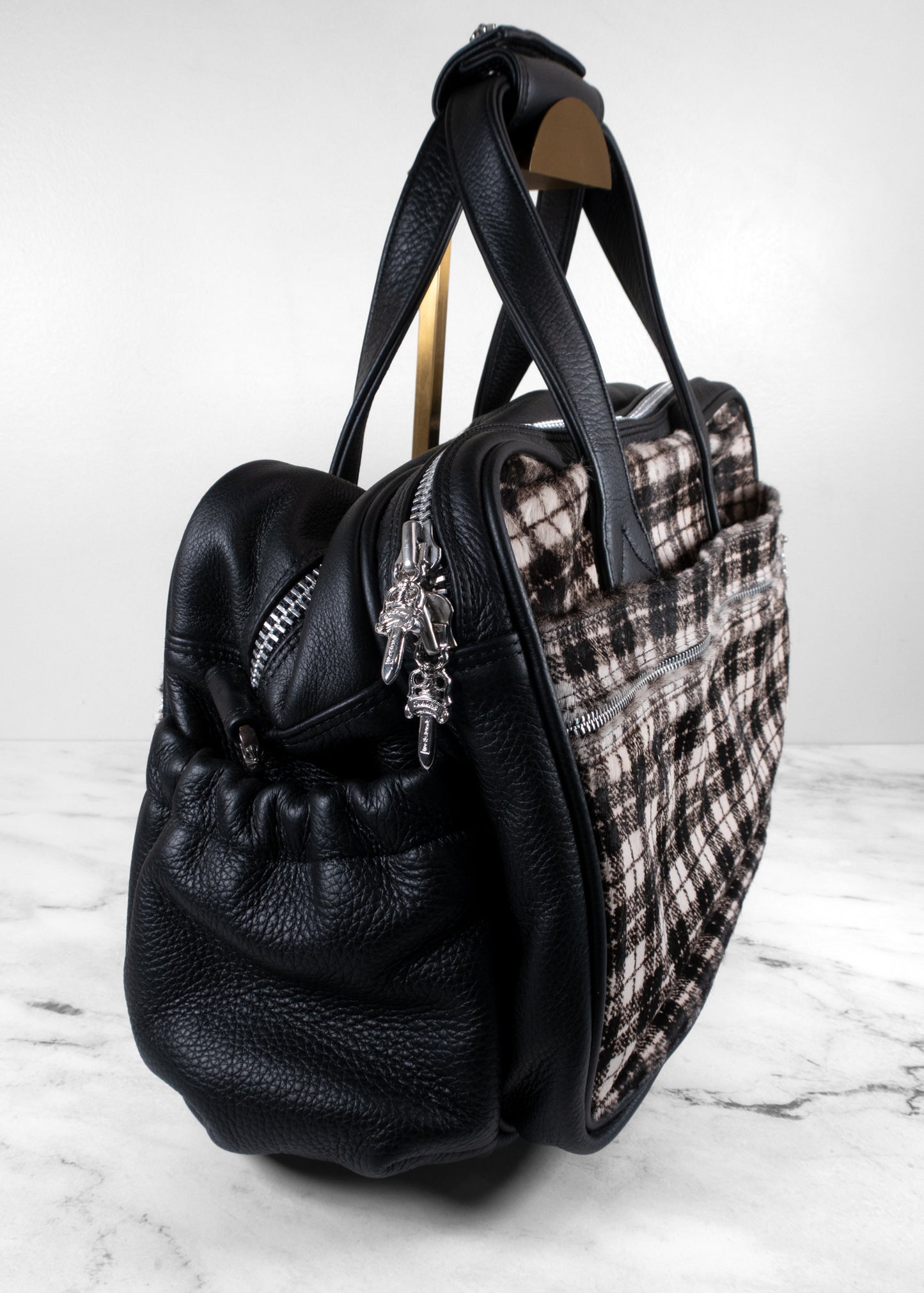 Chrome Hearts Plaid Calf Hair and Leather Dagger Tote Bag with Matching Pouch