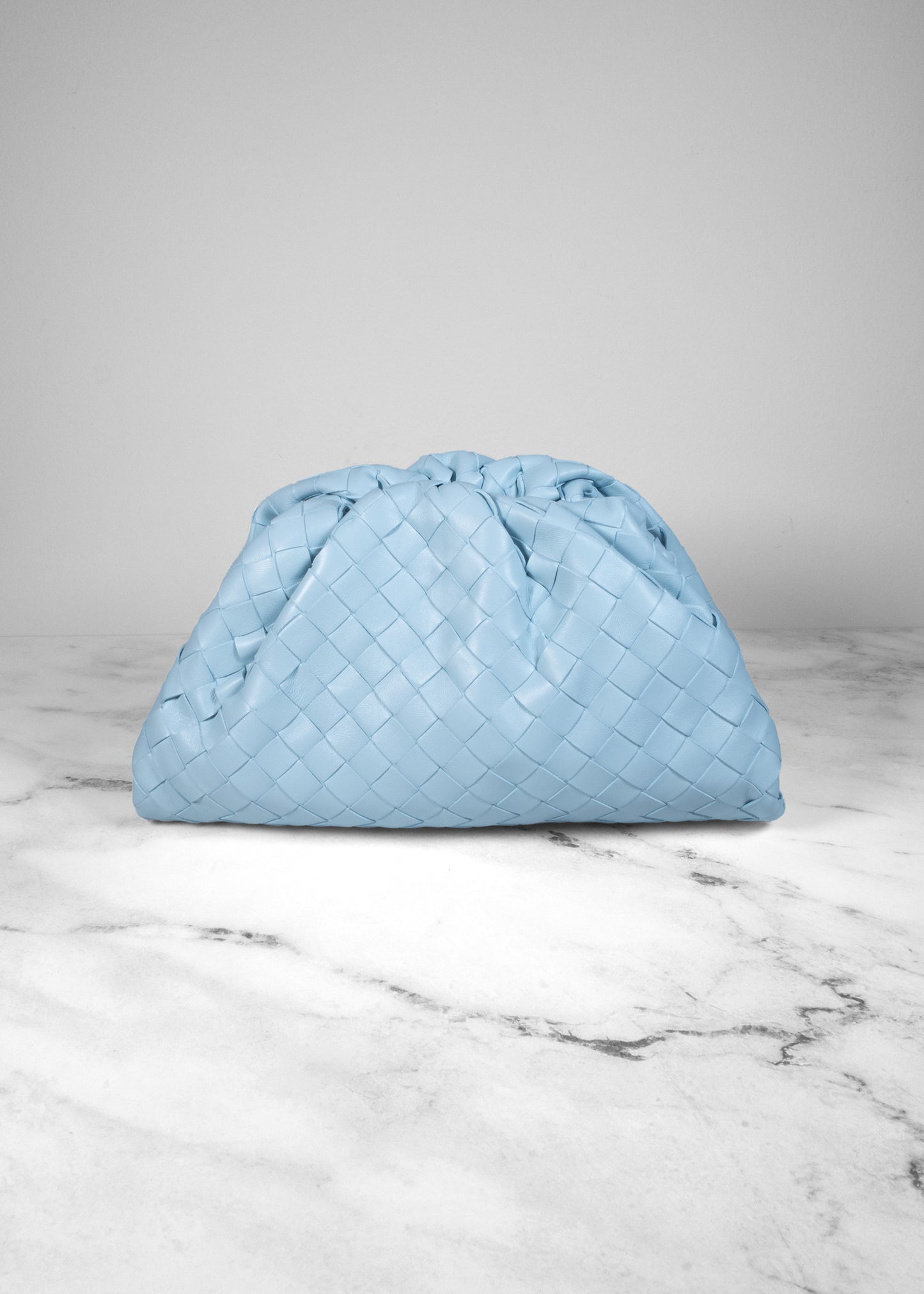 Bottega Veneta The Pouch Sky Blue Intercciato Woven Leather Clutch