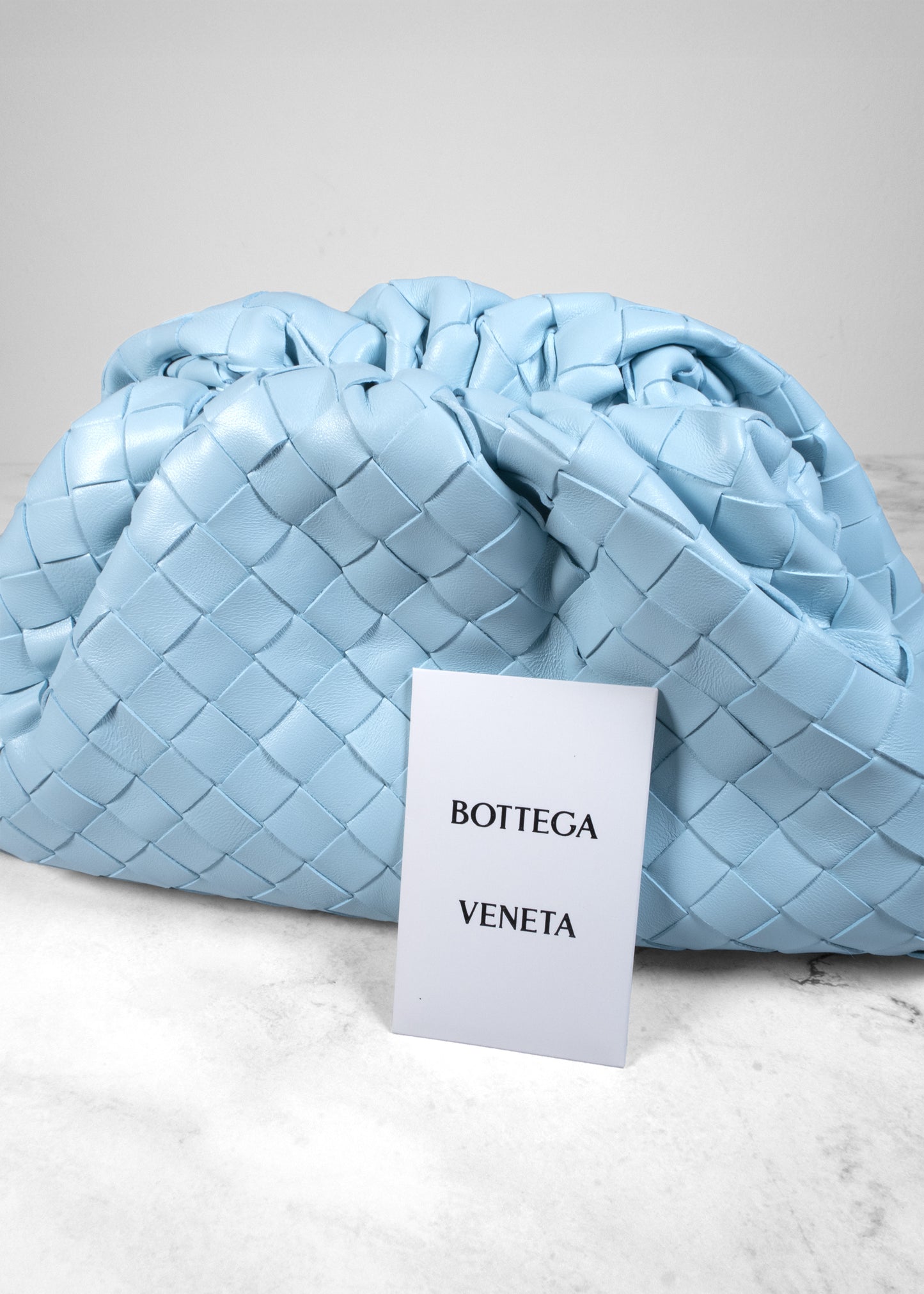 Bottega Veneta The Pouch Sky Blue Intercciato Woven Leather Clutch