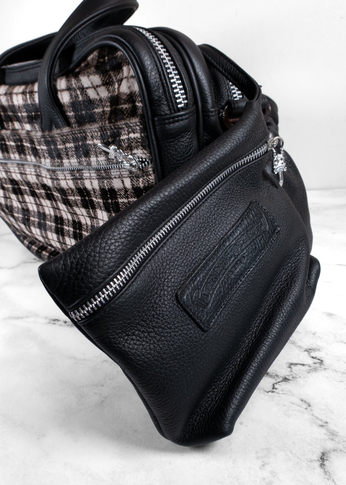 Chrome Hearts Plaid Calf Hair and Leather Dagger Tote Bag with Matching Pouch