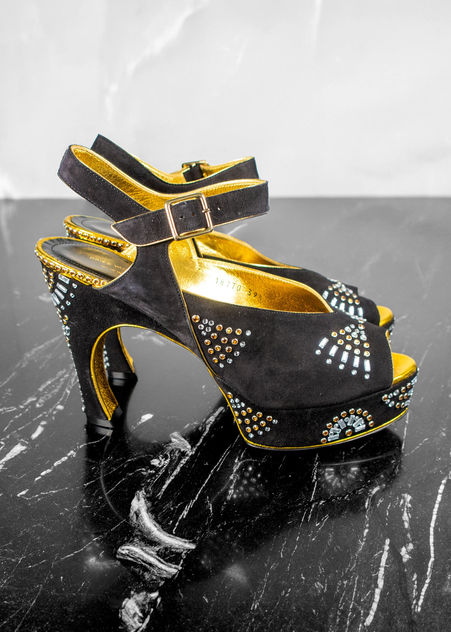 Dries Van Noten Black & Gold Suede Embellished Heels