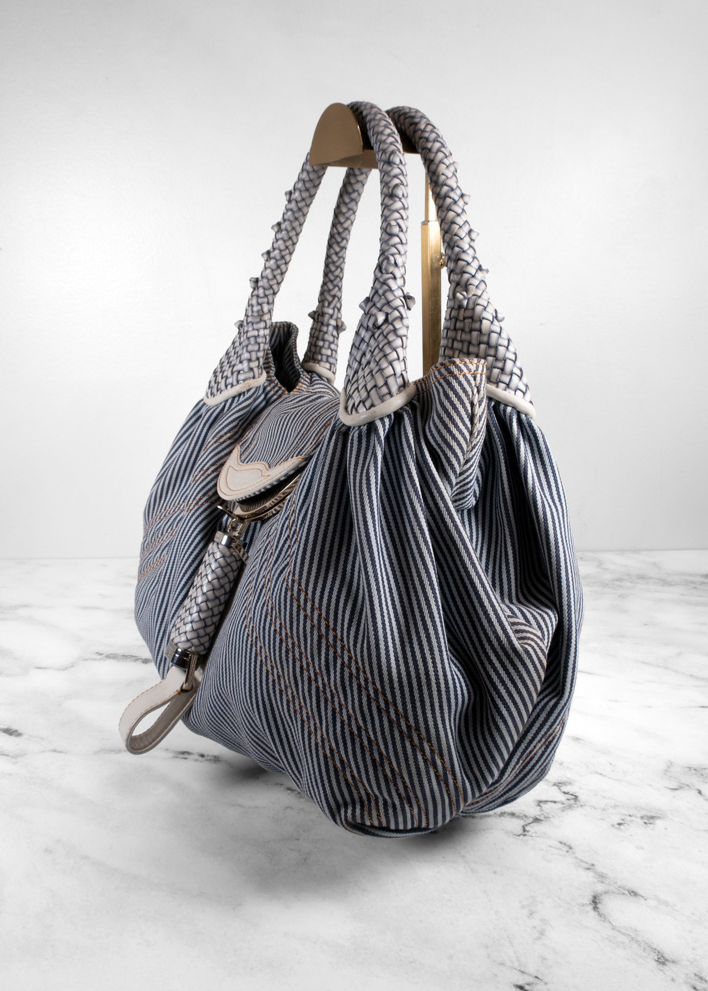 Fendi Vintage Striped Denim Woven Leather Medium Spy Bag