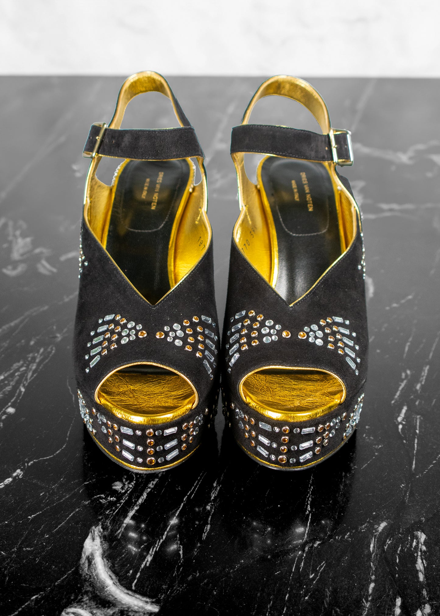 Dries Van Noten Black & Gold Suede Embellished Heels